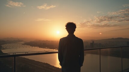 silhouette of confident man on luxury balcony at sunset overlooking han river