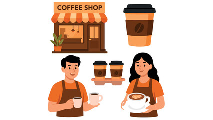 Coffee Illustration, Fresh Brew with Coffee Shop Elements, Espresso Machine, and Roasted Beans for Café, Beverage, and Barista Design Themes
