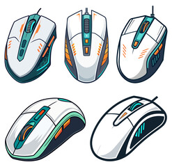Set of five modern gaming mice with futuristic white teal and orange designs