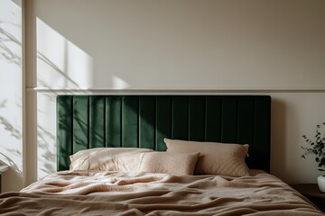 Deep green velvet accent bed with vertical panel headboard, set against a soft-toned wall with minimal decor 