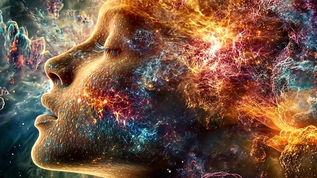 Cosmic Portrait: Woman's Profile Blending with Nebula, Expressing Inner Thoughts and Univers