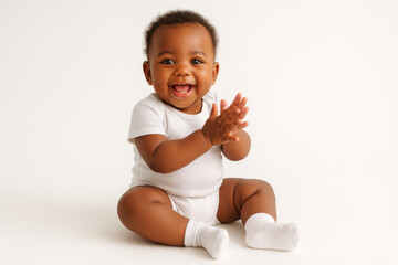 Joyful happy african american toddler in white onesie posing in studio. The child smiles brightly while sitting on floor and baby clapping hands