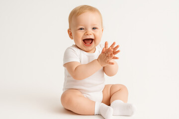 Joyful happy caucasian toddler in white onesie posing in studio. The child smiles brightly while sitting on floor and baby clapping hands