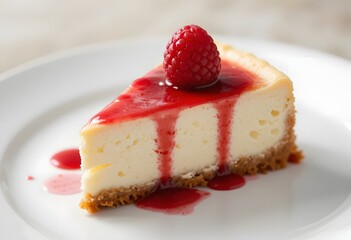 Single slice of cheesecake with raspberry on plain white plate