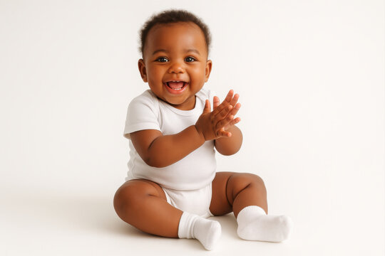 Joyful happy african american toddler in white onesie posing in studio. The child smiles brightly while sitting on floor and baby clapping hands