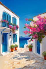 Painting style image of street view in Greek island village featuring traidtional whitewash houses adorned with bougainvillea flowers with Mediterranean sea visible