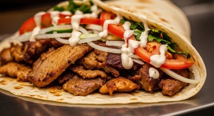 Delicious mediterranean shawarma wrap with grilled chicken and fresh vegetables