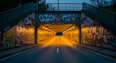 Urban Tunnel With Graffiti And Glowing Lights Reflecting On The Pavement