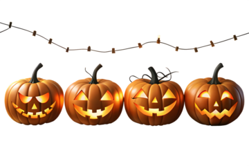 Four Halloween JackOLantern Pumpkins with String Lights on Transparent Background