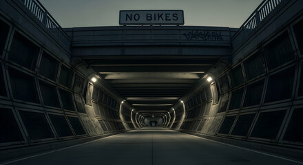 Urban Underpass Featuring Geometric Concrete Panels And A 'No Bikes' Signage