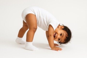 Adorable latino american or spanish toddler smiling in a playful yoga pose on a white background, dressed in a white onesie and socks, expressing joy and curiosity.