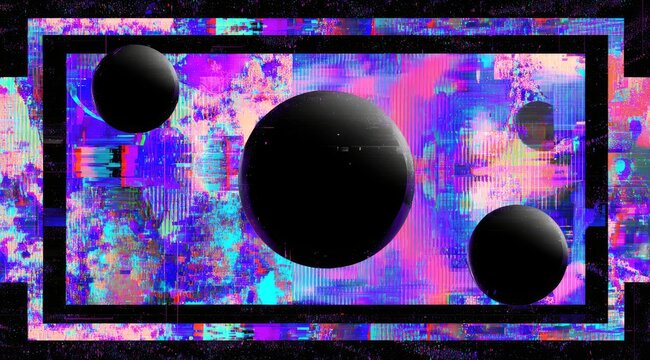 Three matte black spheres overlaid on a vibrant, glitching, multicolored, abstract background framed by a rectangular border with a subtle, textured outer frame