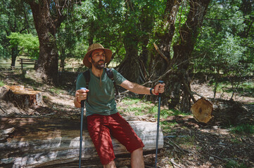Bearded Adventurer Resting in Forest During a Summer Hiking Trip