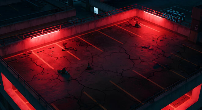 Urban Wasteland Rooftop Abandoned Parking Red Glow at Night - Powered by Adobe