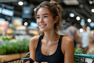 Fototapeta premium A young woman in her early thirties, with dark hair, wearing a black shirt and jeans, is smiling at the camera