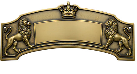 Ornate metal sign with lions and a crown offers a regal touch and space for personalized text, perfect for branding.
