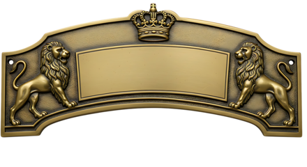 Ornate metal sign with lions and a crown offers a regal touch and space for personalized text, perfect for branding.