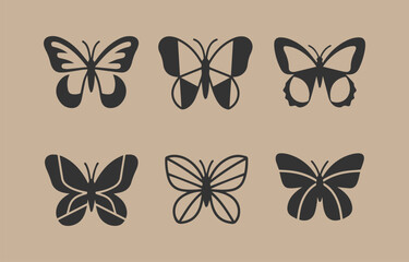 Fototapeta premium Collection of six stylized dark gray butterfly silhouettes on a light beige background