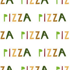 A single cheesy pizza slice with melting toppings, illustrated alongside bold hand-lettered text reading 'Pizza' — fun, flavorful, and inviting, seamless pattern