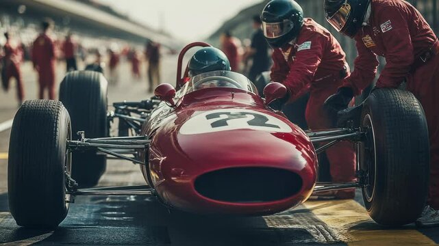An exciting Formula 1 pit stop sees skilled mechanics rapidly changing tires with highspeed precision and expertise