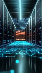 Futuristic Data Center with Networked Servers and Advanced Storage Solutions in Digital Landscape