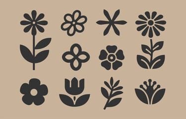 Collection of twelve stylized black floral icons and simple botanical illustrations on a beige background