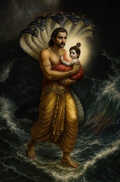 Krishna Janmashtami 2025 Sacred Journey:  Rain-Soaked Vasudev Carries Infant Krishna Under Serpent Canopy 