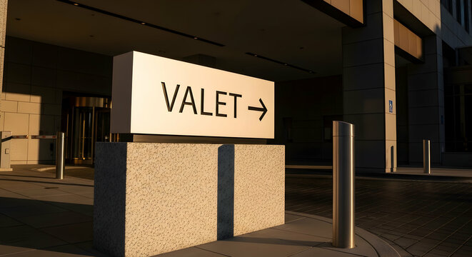 Valet Parking Guidance Direction Signage at Entrance of Modern Architecture Building
