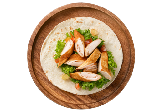 Chicken wrap top view full length isolated on transparent or white background