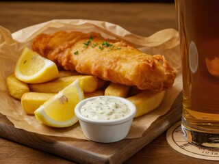 Traditional fried fish and chips with lemon and sauce served alongside a glass of beer on Beer Day footage.
