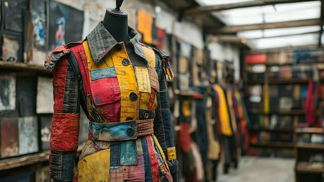 A vibrant, multicolored patchwork jacket displayed on a mannequin in an art studio setting