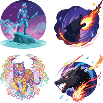 Vector art of a series of vector illustrations showcases a futuristic warrior, a firebreathing wolf, a rainbow tiger, and another firebreathing wolf in space