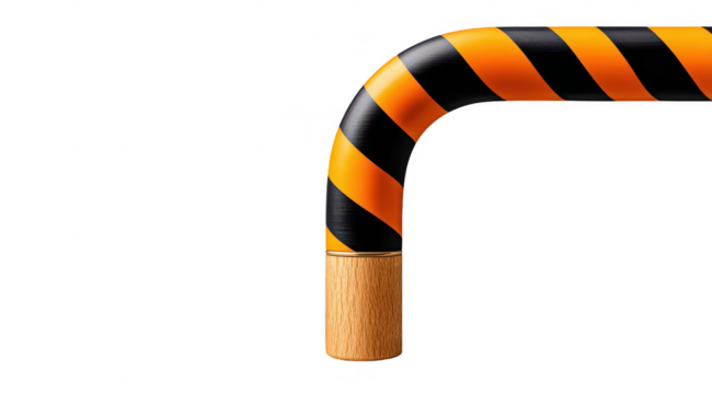 Curved, candy-cane-striped object, wooden end
