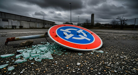 Vandalized Traffic Sign On An Abandoned Road Amidst Gloomy Weather Conditions