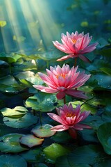Three Pink Water Lilies Bask