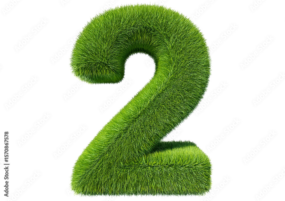 Poster grass font 3d rendering number 2 isolated on a transparent or white background