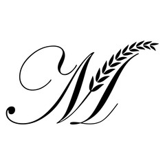 Calligraphic M Letter logo design, elegant floral ornate alphabet design vector