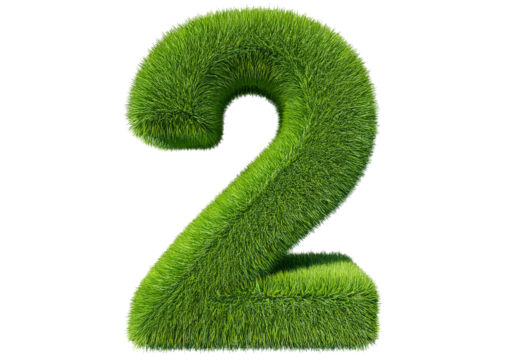 Grass font 3d rendering number 2 isolated on a transparent or white background