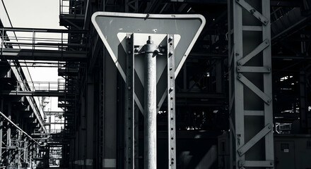 Industrial Intersection Monochromatic Yield Sign And Steel Structure View
