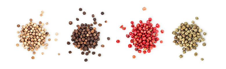 Diverse peppercorns heaps in a row collection isolated on white background. Food photography