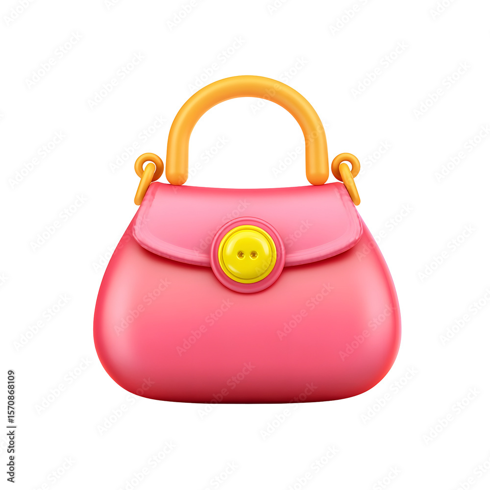 Aufkleber A vibrant pastel colored pink handbag with a stylish yellow button clasp and a soft rounded handle against a simple white background