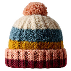 Stylish striped crochet beanie hat, ribbed edge, pom-pom top, cozy wool in warm winter hues, isolated transparent background with soft wool texture