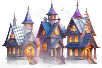 Whimsical Halloween Haunted Houses with Glowing Windows and Moonlit Sky on transparent background
