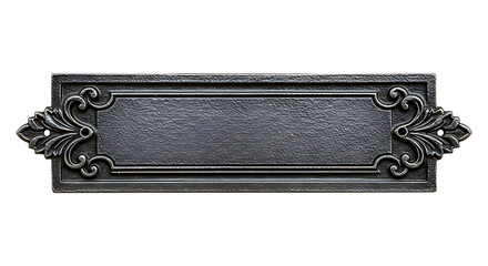 Ornate metal plaque with elegant scrollwork accents against a transparent backdrop provides a sophisticated design element.