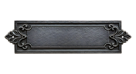 Ornate metal plaque with elegant scrollwork accents against a transparent backdrop provides a sophisticated design element.