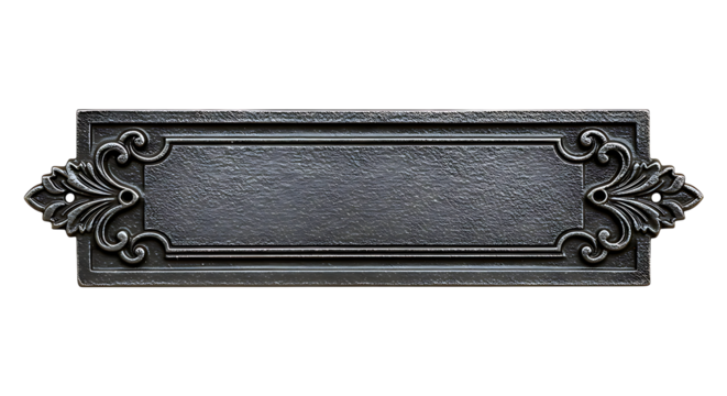 Ornate metal plaque with elegant scrollwork accents against a transparent backdrop provides a sophisticated design element.