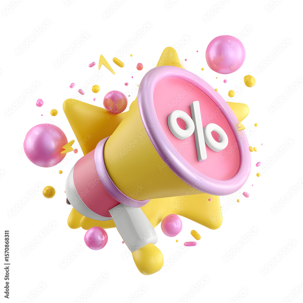 Aufkleber vibrant pastel colored cartoon icon of a megaphone with a white percentage symbol surrounded by ener