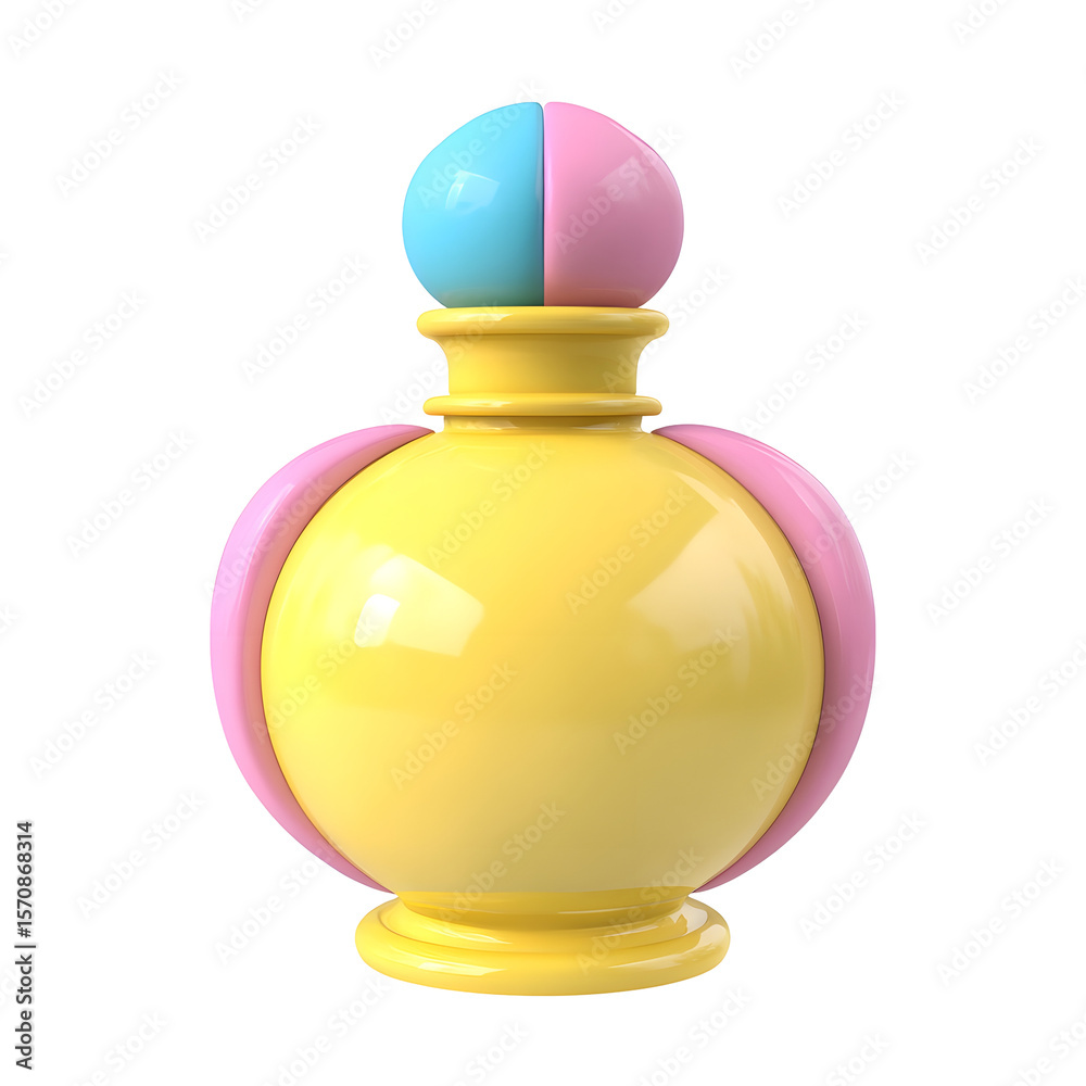 Aufkleber 3D rendered image of a colorful geometric perfume bottle icon in pastel tones of yellow pink and blue with a clean shiny and reflective surface against a transparent background