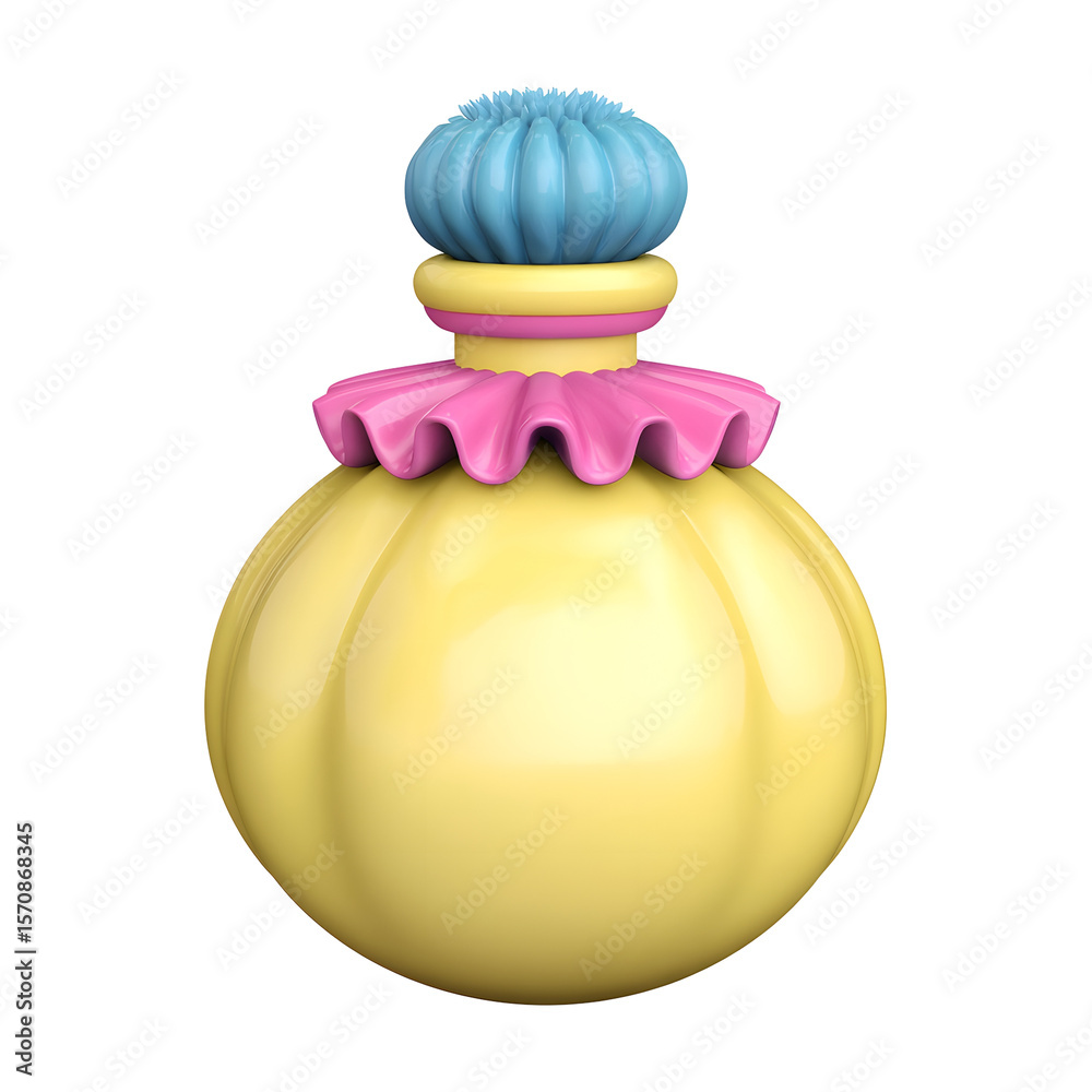 Aufkleber Whimsical 3D rendering of a pastel yellow perfume bottle with a pink and blue puffer featuring an elegant rounded shape and a shiny smooth surface