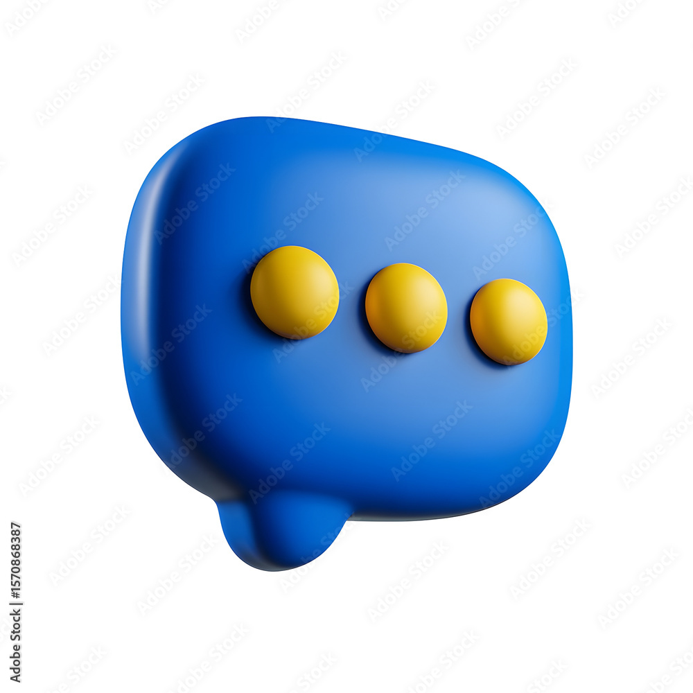 Aufkleber Minimalist 3D rendering of a soft rounded blue chat bubble icon with three yellow dots in a playful pastel inspired digital design